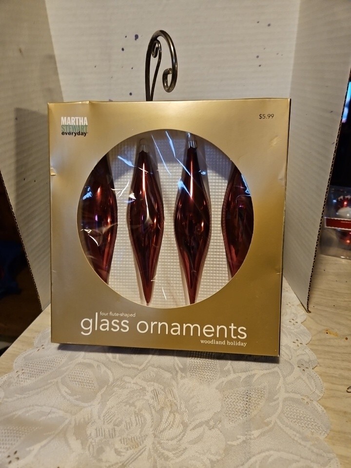 Vtg Martha Stewart Red Woodland Holiday Glass Flute Ornaments 4 in Box