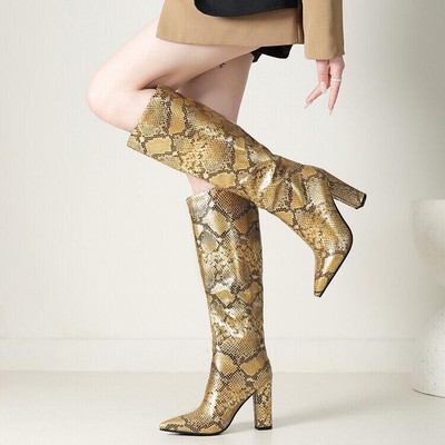 Women Sexy High Heels Snake Pattern Pull On Knee High Boots