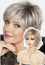 Short Pixie Cut Wigs with Bangs for White Women Synthetic Curly Wig for Daily...