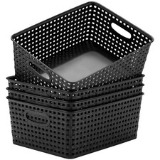 Plastic Storage Baskets for Organizing - 11"x8.5"x4.7", Set of 4, Black Bins