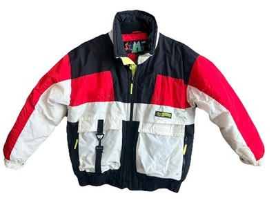 Vtg 90s ST MORITZ Ski Team Puffer Jacket Down Filled Red White Black Size Large