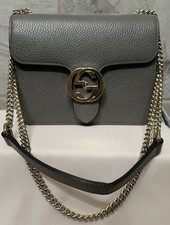 Gucci Interlocking G Grey Pebbled Leather Chain Shoulder Bag / Crossbody