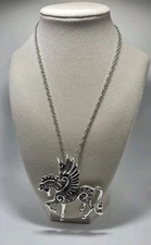 Silver Tone Pegasus Necklace Pendant Clear Rhinestones Black Eye Statement 18" 