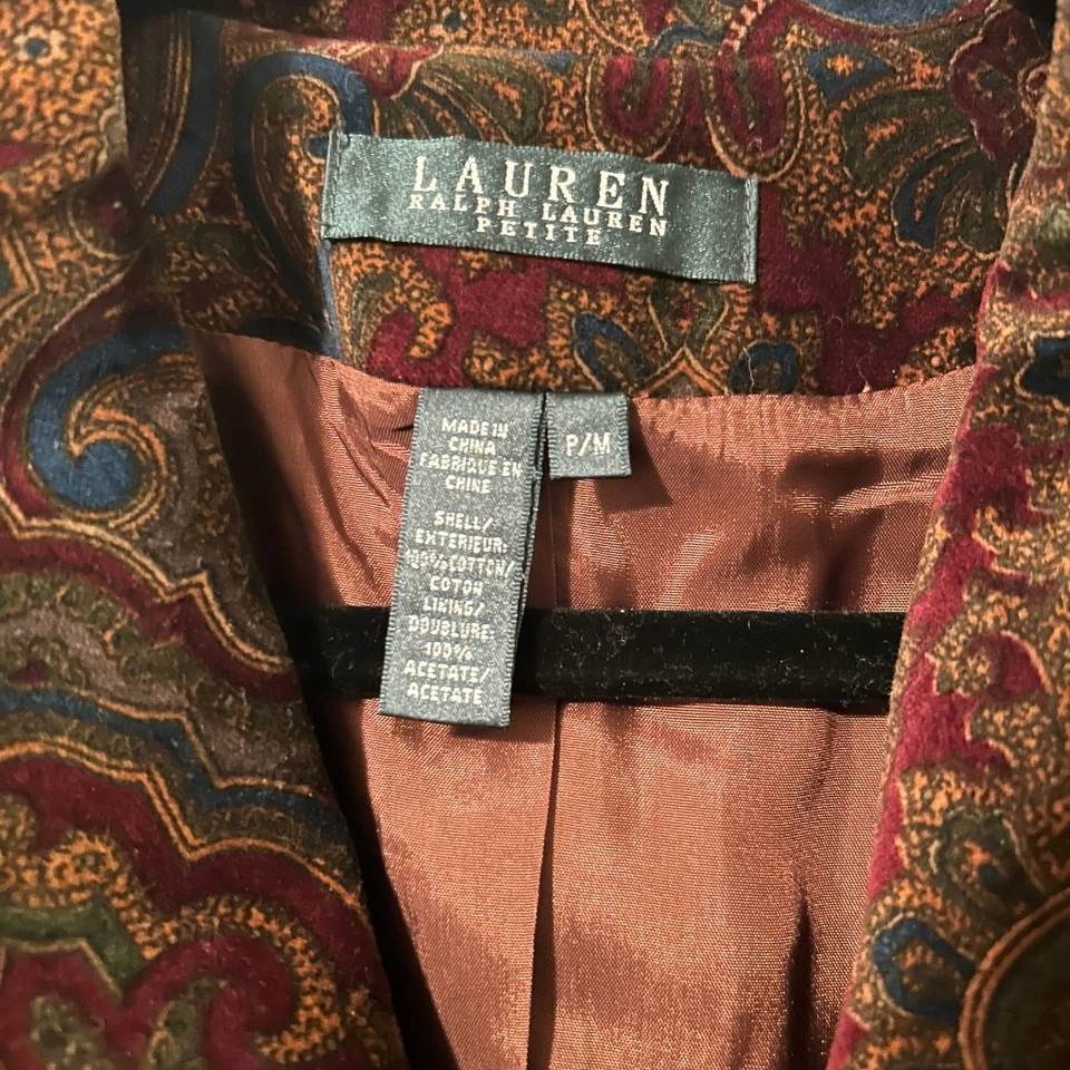 Chaqueta Blazer Vintage Ralph Lauren Estampado Cachemira Terciopelo Damasco P/M Acogedora Cabina Foto 4 de 4