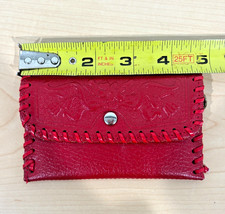 Vintage Red Leather Embossed Floral Coin Purse Clutch Whipstitch Snap Womens