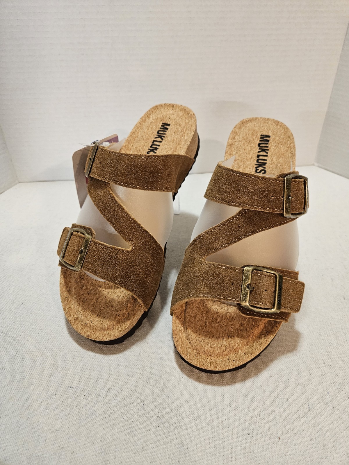 MUK LUKS Women's Size 7 Suede Leather  Double Buckle Sandals Poppy Cognac Slide