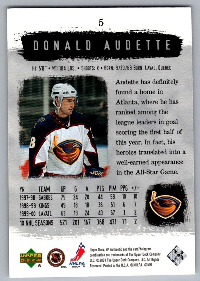 2000-01 SP Authentic Donald Audette Atlanta Thrashers #5 - Image 2 of 2