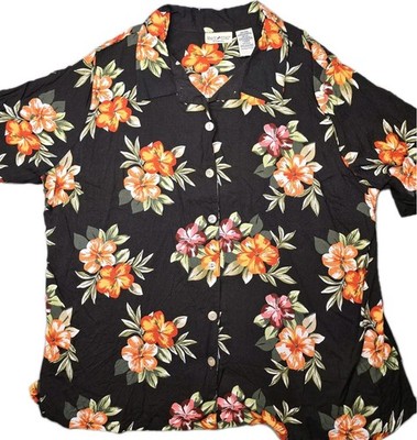 Vintage White Stag Shirt Womens 18W 2XL Black Floral Hawaiian Button Up Top