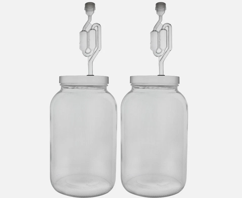 One Gallon Wide Mouth Jar with Drilled Lid and Twin Bubble Airlock 2 Pack