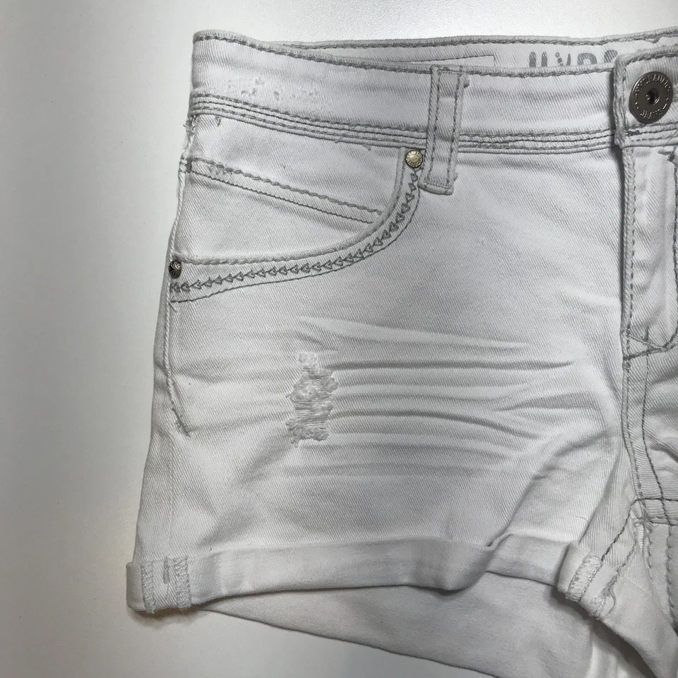 Pantalones Cortos de Jean Hidráulicos Talla 15/16 Tiro Bajo Shortie Festival Y2K Blanco Destruido Foto 3 de 4