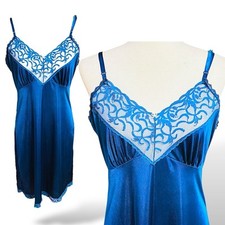 Vintage Ashley Taylor Blue Satin Slip Dress Lingerie Nightgown 36 Nylon Lace USA