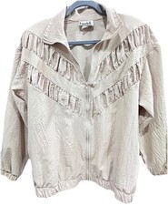Teddi Vintage Womens Zip Up Ruffle Chevron Jacket Tan Beige Embroidered Retro S