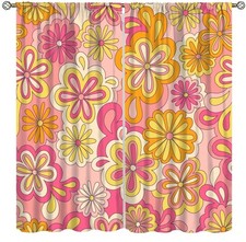 Mid Century Hippie Curtain, Daisy Look Flowers on Abstract Style Waves Retro ...