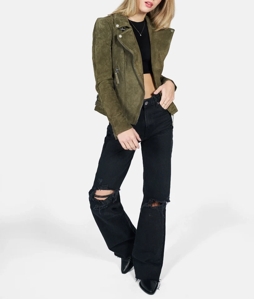 Womens Green Suede Leather Jacket Biker Motorcycle Size S M L XL XXL Custom Made - Image 2 of 4