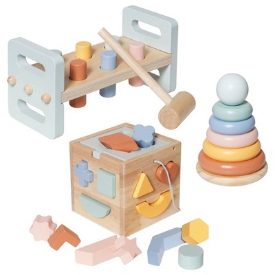 Holzspielzeug Pastell Motorikwürfel Stapelspiel Klopfbank Hammerbank Holz Set