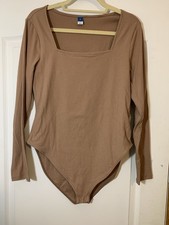Old Navy Bodysuit Womens XL Brown Ribbed Square Neck Long Sleeve Minimalist