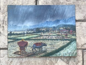 Early 20th Century Chinese Oil on Board Painting Paddy Field Farmer Wei Jiang