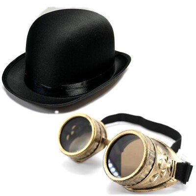 Schwarz Bowler Hut & Gold Brille Konvolut Set Steampunk Viktorianisch Kostüm