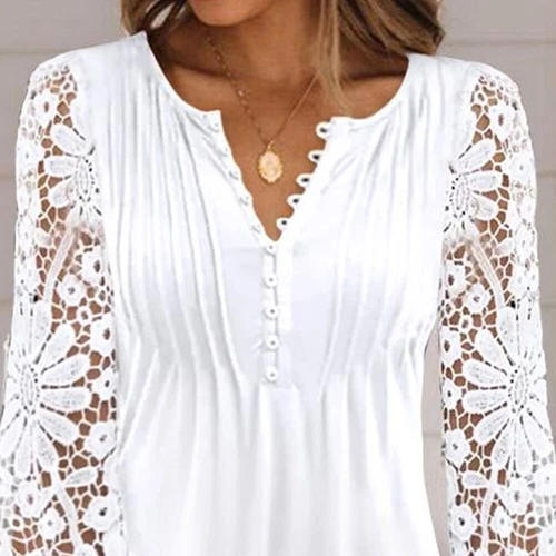 Womens Lace Long Sleeve Mini Dress Ladies Button V Neck Party Shirt Dresses UK - Picture 7 of 20