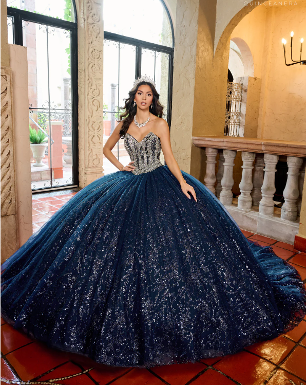 Navy Strapless Quinceanera Dresses with Bow Glitters Beaded
