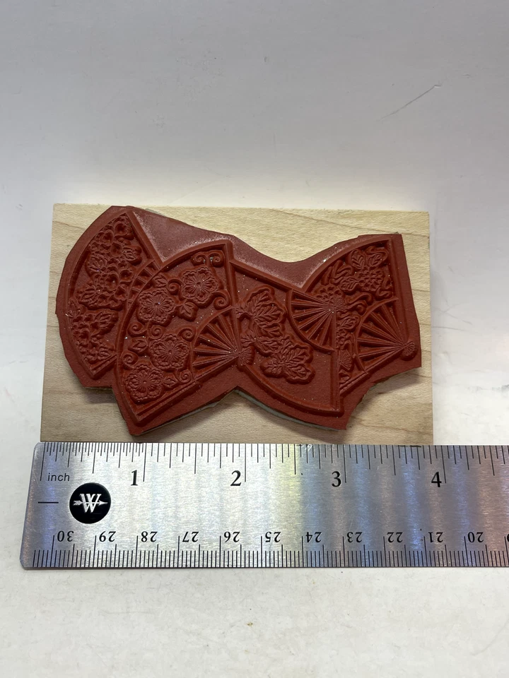 Juego de 4 sellos de goma con montaje en madera de flores para abanicos orientales, kimono, geisha, flores Foto 3 de 4