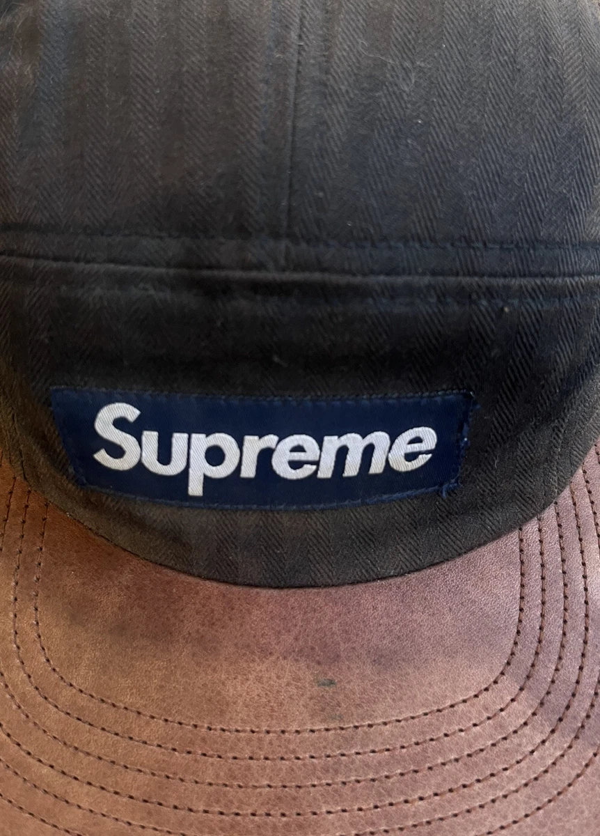 Supreme Camp Cap 5 Panel Beige Herringbone Leather Brim Camp Cap S/S 2012 Vtg
