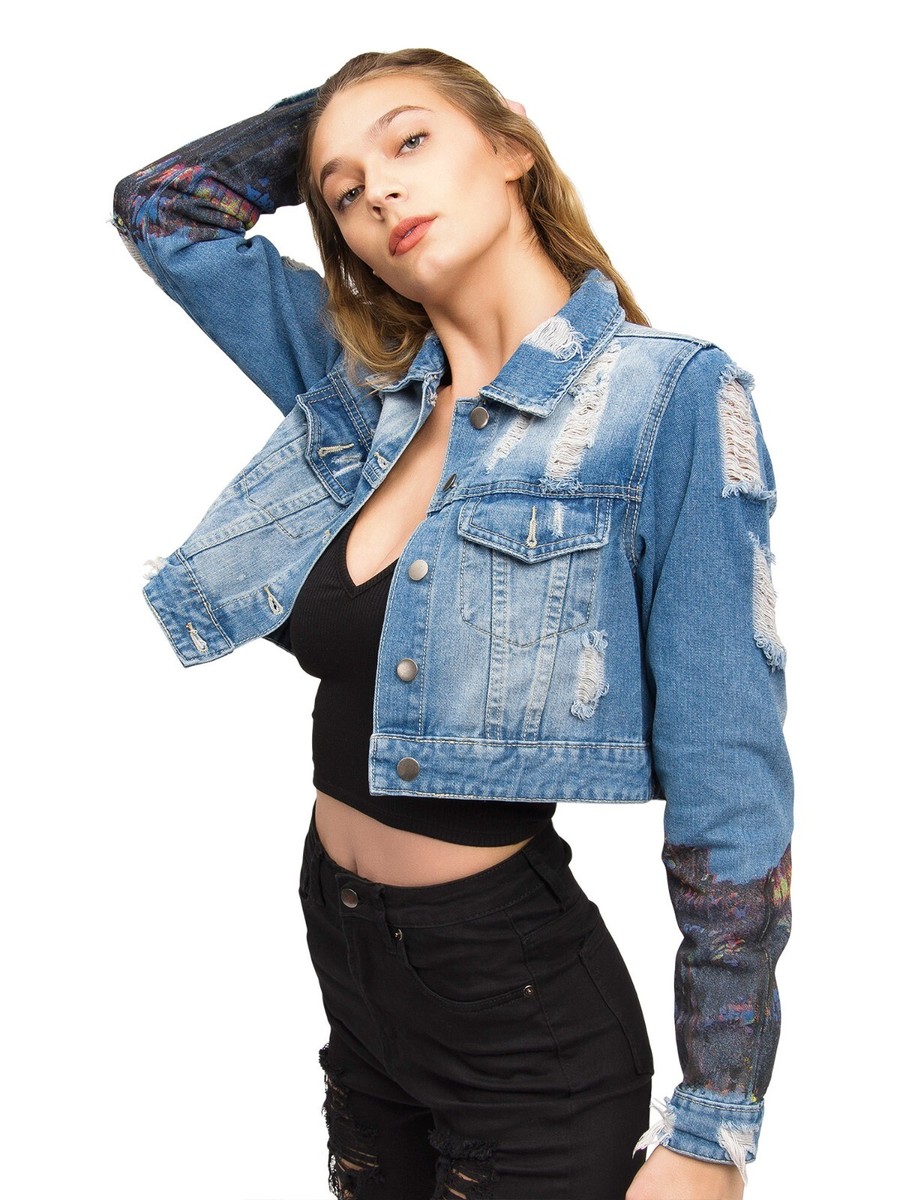 American Bazi Women's Casual Hollywood Print Cropped Denim Jacket