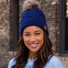 Blue Cable Knit Faux Fur Pompom Fleece Lined Women's Winter Beanie Hat