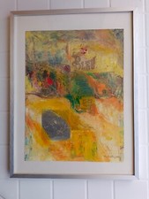 Tableau abstrait Jaune-Bleu en l’huile Fait à la main, cadre argenté, Vintage