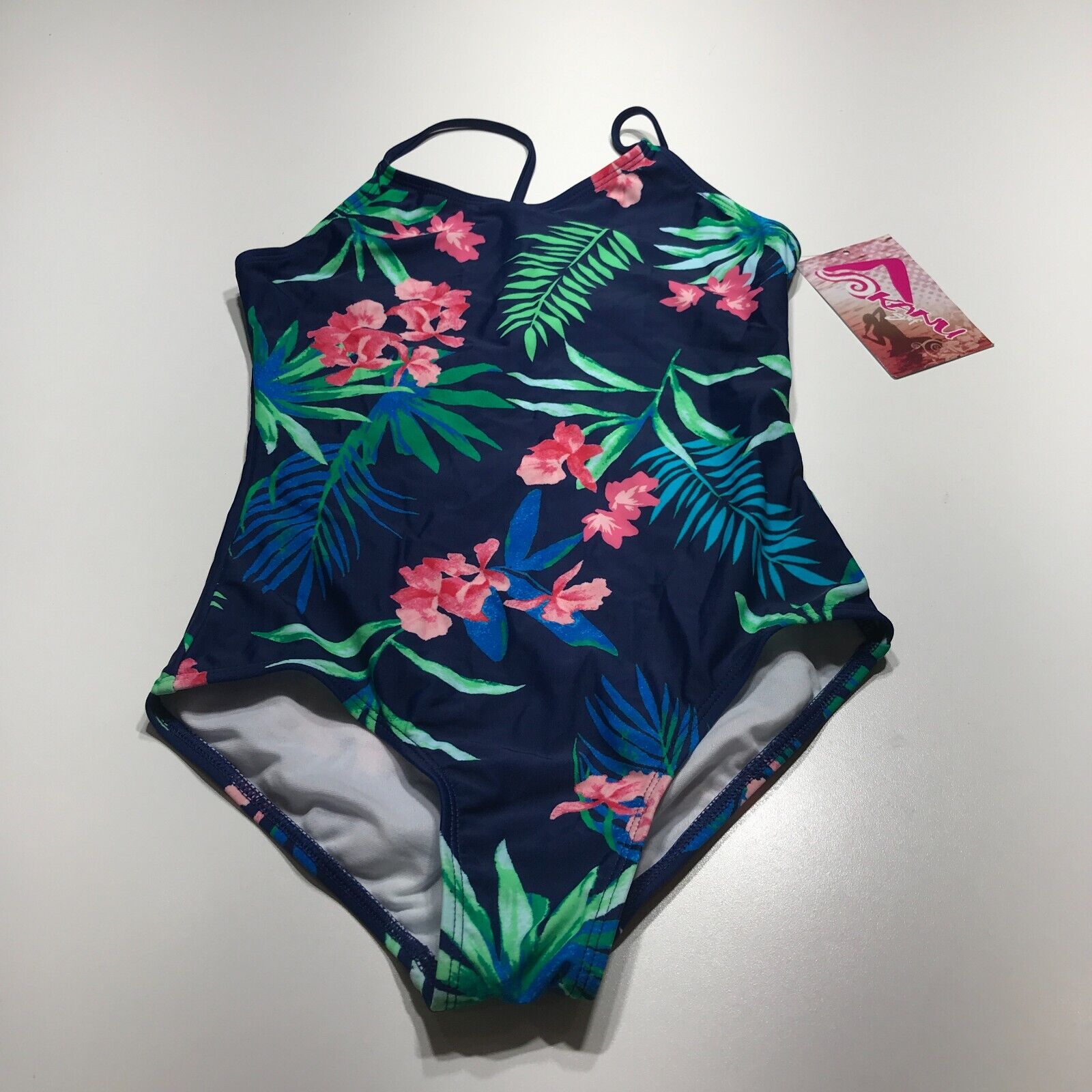 Kanu Surf Swimsuit Youth Size 12 NWT Leonie Navy Tropical Print One Piece Lined