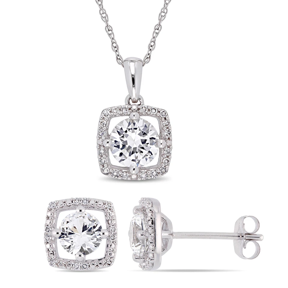 Amour 10k White Gold Created White Sapphire & Diamond Halo 2 Piece Jewelry Set