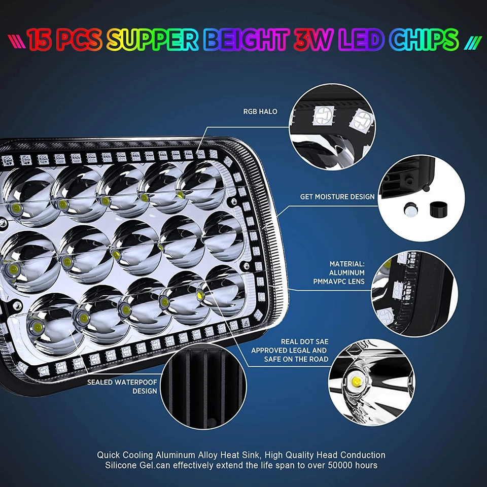 Faro 2P 5X7" 7x6 pulgadas rectangular LED alto/bajo con RGB Halo DRL para camión 4Runner Foto 3 de 4