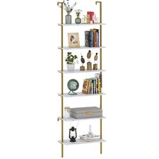 Ladder Shelf 6 Tiers Marble White Modern Bookshelf Open Tall Wall Mount Bookc...