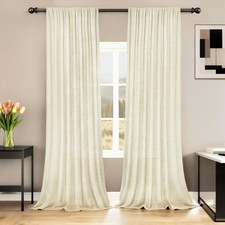 Linen Curtains 96 Inches Long Light Filtering 2 Panel Set Cream Semi Sheer Cu...
