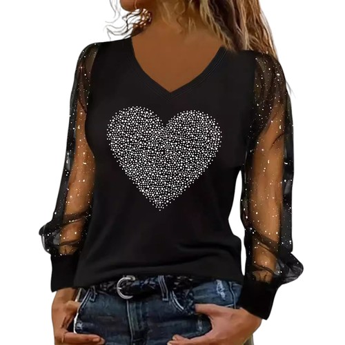 Women Heart Print V Neck Tunic Tops Ladies Mesh Long Sleeve Party T Shirt Blouse - Picture 5 of 6