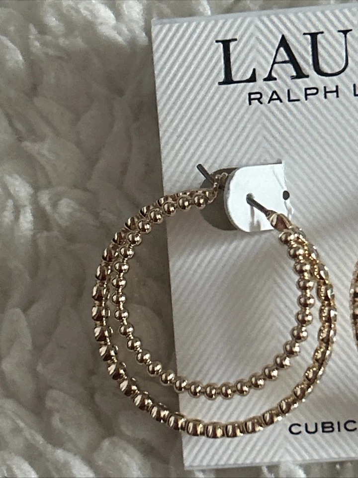 Lauren Ralph Gold Tone Metal Bead Double Hoop Earrings Round Crystal Accent - Image 3 of 4