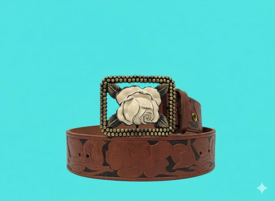 Cinturón de cuero marrón fósil blanco rosa hebilla Y2K vaquera 42" longitud total Foto 4 de 4