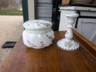 Fenton**HP MILK GLASS WAVE CREST VIOLETS IN THE SNOW DRESSER POWDER BOX LOT