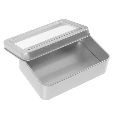 Portable Small Metal Box with Clear Lid for Storage Silver Rectangle