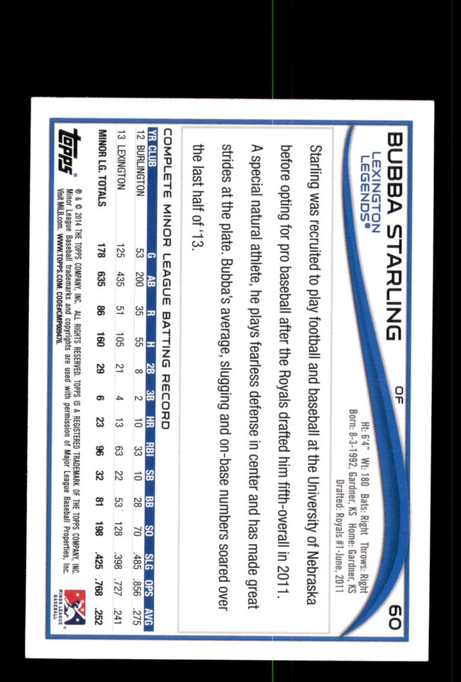 Signed Baseball Card Auto Bubba Starling 2014 Topps Pro Debut #60 - Image 2 of 2