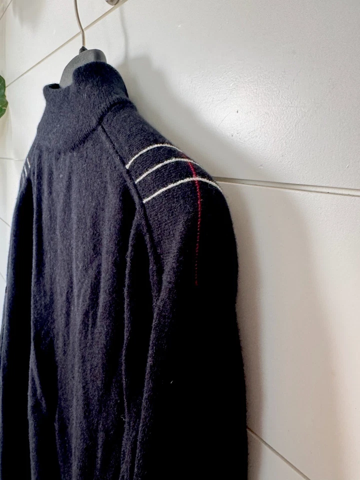 Suéter de golf Burberry 1/4 cremallera para hombre grande negro rojo Argyle 100 % lana hecho en Italia Foto 3 de 4