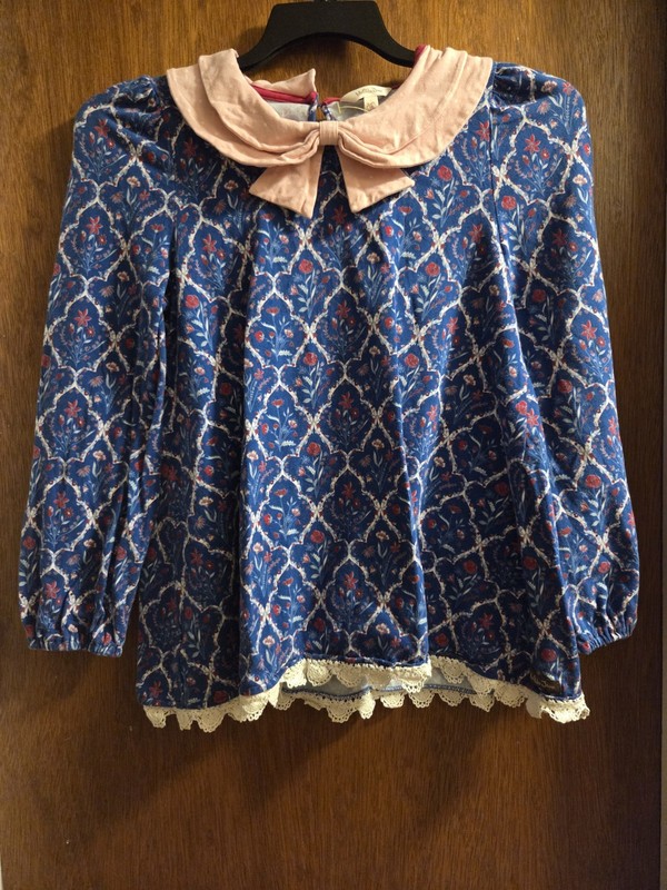 Matilda Jane Blue Floral Velvet Top with Pink Peter Pan Collar Size 16