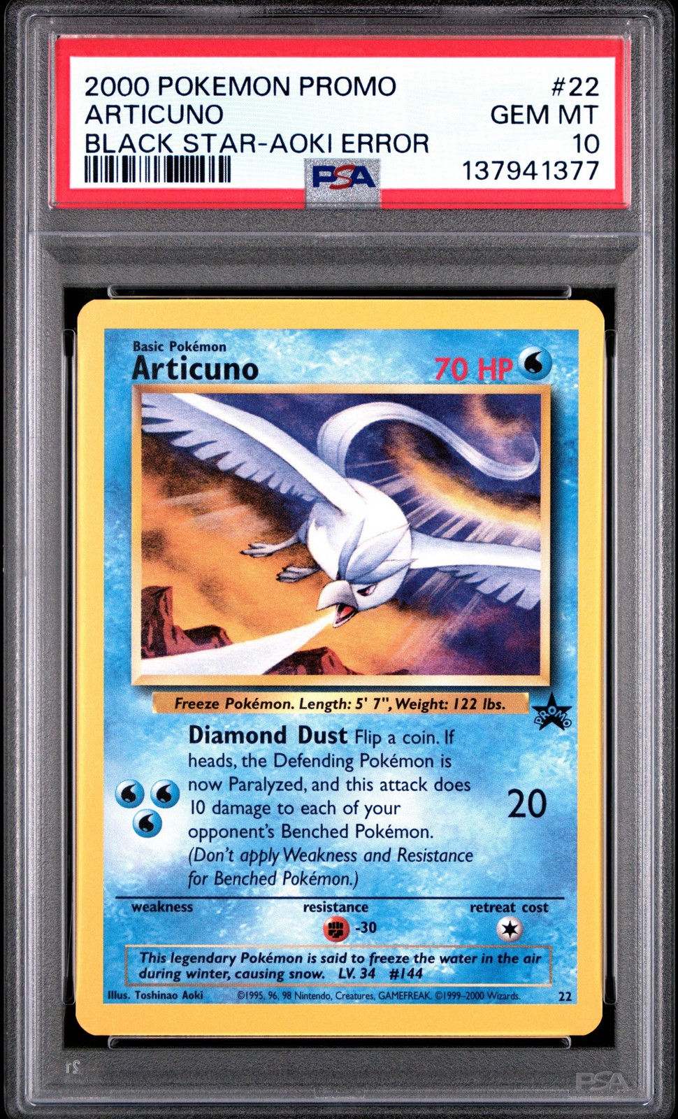 Graded 2000 Pokemon Black Star Promo Aoki Error Articuno #22 Card PSA 10 Mint