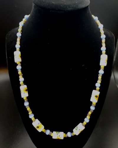 Porcelain/Glass Sunflower Bead Necklace W/Clyindrical & Round Beads Blue/ Yellow