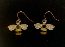 Gold coloured dangle Bee earings with yellow and black enamel, insect