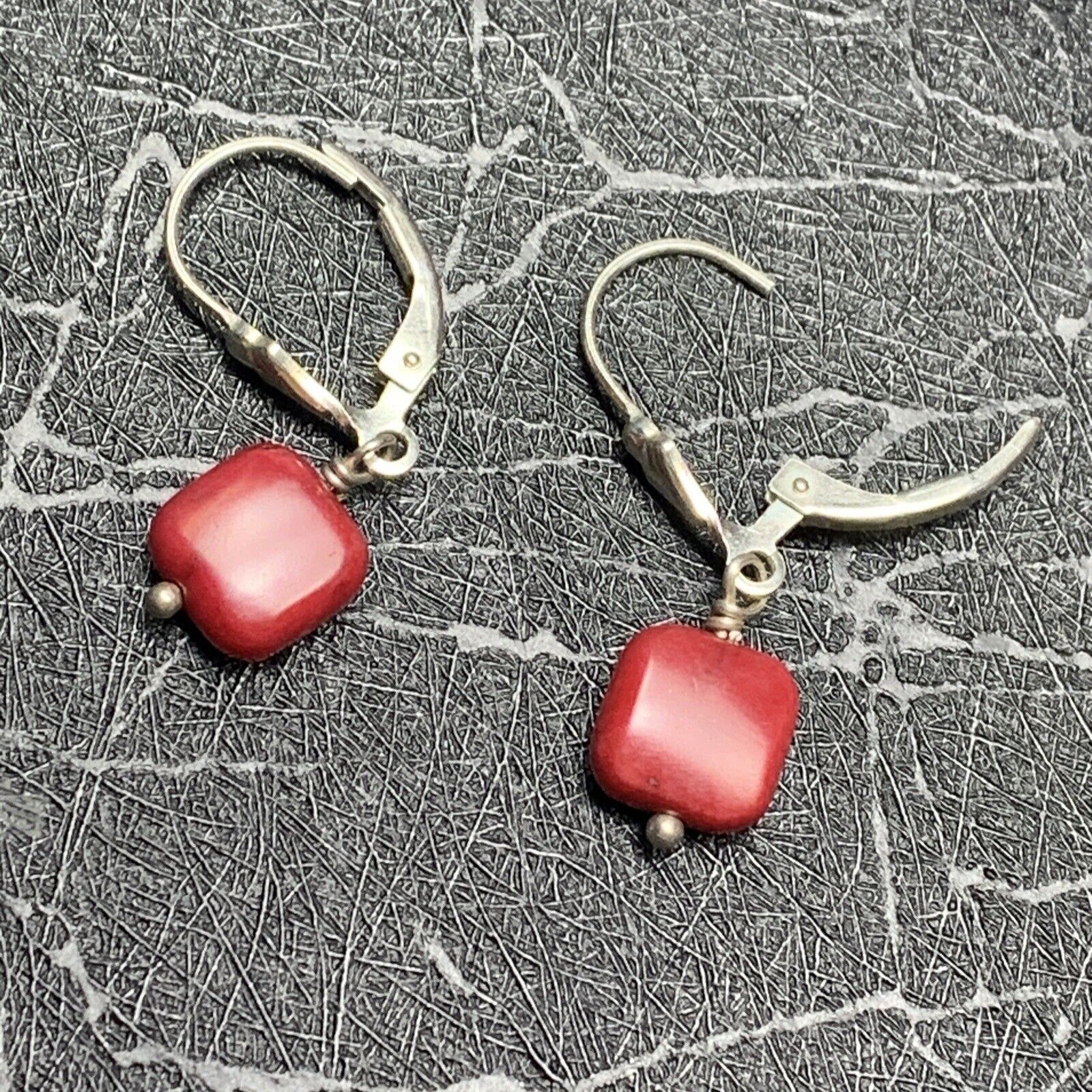 Vintage Red Sea Coral  Drop Dangle Sterling Silver 925 Pierced earrings