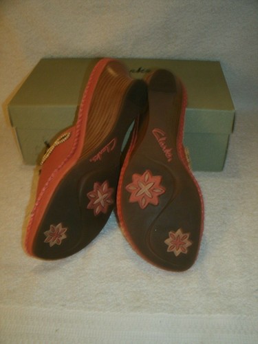 Clarks Artisan Empress Sz 9M red Leather Beaded Slides Heeled Sandals VGC coral - Picture 6 of 9