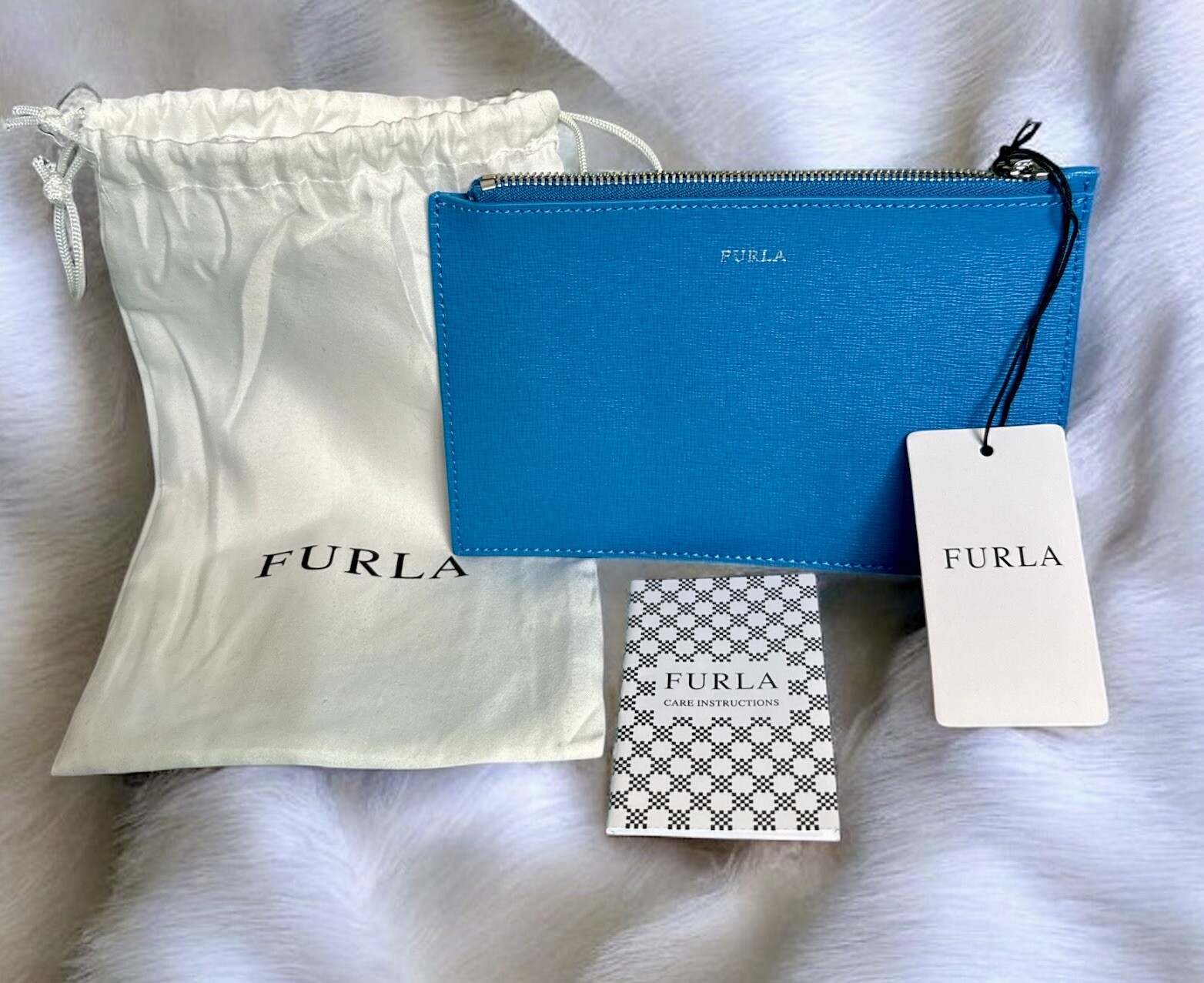 Furla Babylon Leather Pouch With Dust Bag NWT Rare Blue