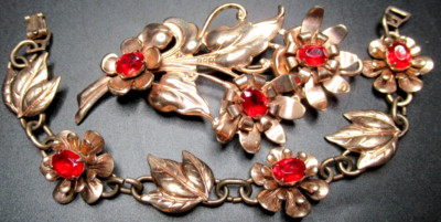 Sterling Silver Rose Gold Plate Red Rhinestone Flowers Bracelet Brooch Set