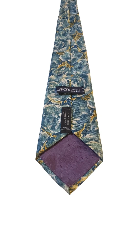 Gravata masculina Manhattan 100% seda azul amarela abstrata floral feita nos EUA - Imagem 3 de 4